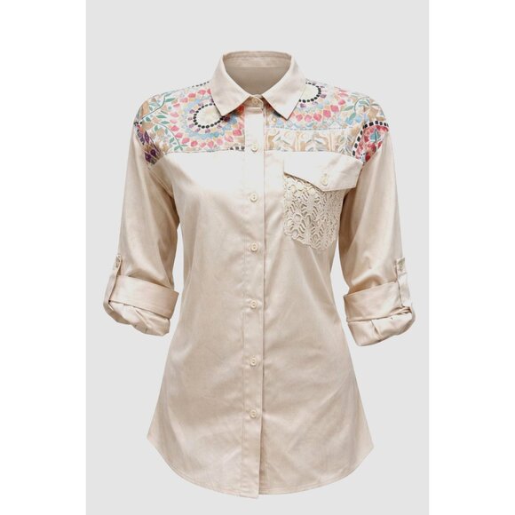 Tapestry Tops - Tapestry Medium Ivory Tan Satin Look Mosaic Yoke Lace Pocket Button Front Blouse